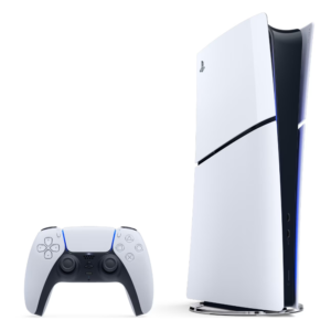 Consola PlayStation 5 Digital Edition Slim alb-negru cu design compact și elegant