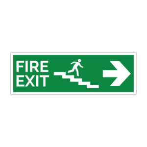 Indicator evacuare Fire Exit dreapta cu scară, fundal verde și simbol ieșire de urgență