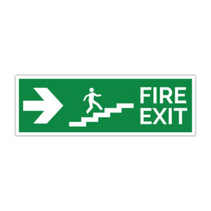Indicator evacuare Fire Exit dreapta cu scară, săgeată dreapta, fundal verde