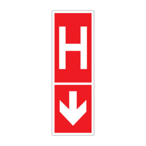 Indicator hidrant interior cu săgeată în jos, semn PSI roșu cu simbol H alb
