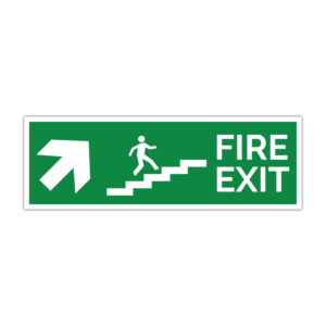 Indicator evacuare FIRE EXIT cu săgeată stânga sus și simbol scară