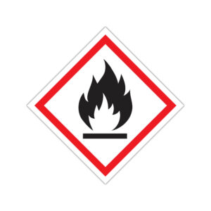 Indicator de avertizare pentru produse chimice inflamabile cu simbol flacără în romb roșu