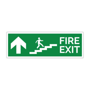 Indicator evacuare Fire Exit cu săgeată în sus și simbol scară