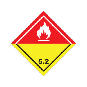 Autocolant ADR 5.2 pentru substanțe peroxidice organice, romb roșu și galben cu simbol flacără