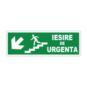Indicator evacuare Ieșire de urgență cu săgeată spre stânga jos și simbol coborâre pe scări
