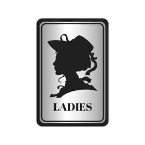 Indicator toaletă Ladies pentru grup sanitar, cu siluetă feminină și fundal argintiu
