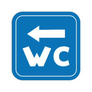 Indicator WC cu săgeată spre stânga, semn albastru pentru grup sanitar
