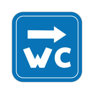 Indicator WC cu săgeată spre dreapta, fundal albastru