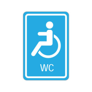 Indicator WC pentru persoane cu dizabilități, simbol accesibilitate pe fundal albastru