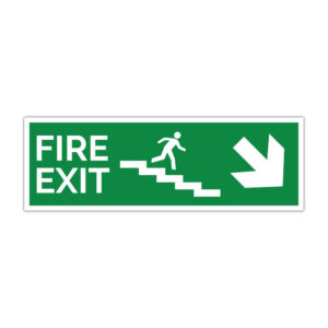 Indicator evacuare Fire Exit cu săgeată dreapta jos și simbol scară