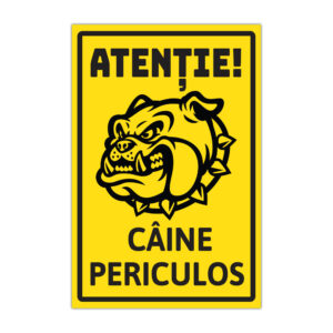 Indicator galben Atenție Câine Periculos cu ilustrație cap de bulldog