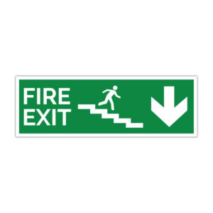 Indicator evacuare Fire Exit cu săgeată în jos și simbol scară