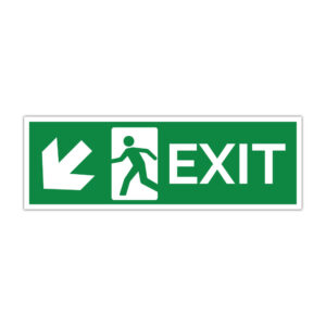 Indicator evacuare EXIT cu săgeată spre stânga jos și simbol pietonal