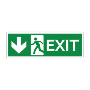 Indicator evacuare EXIT cu săgeată în jos pe fundal verde