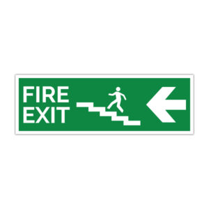 Indicator evacuare Fire Exit stânga cu simbol coborâre scări