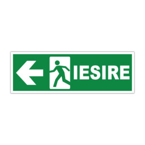 Indicator evacuare IEȘIRE cu săgeată spre stânga pe fundal verde