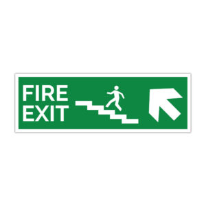 Indicator evacuare FIRE EXIT cu scară și săgeată orientată spre dreapta sus