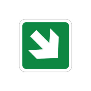 Indicator evacuare cu săgeată direcție jos stânga pe fundal verde
