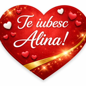 Placă decorativă în formă de inimă cu mesajul „Te iubesc Alina!”, realizată din PVC Forex de 3 mm