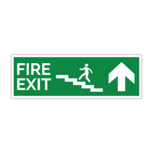 Indicator evacuare Fire Exit verde cu săgeată înainte și simbol scară