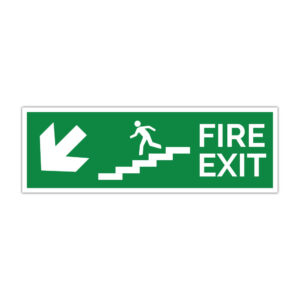 Indicator evacuare Fire Exit cu săgeată spre stânga jos și persoană pe scări