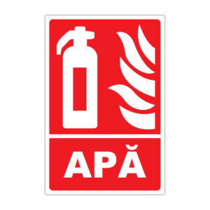 Indicator PSI APĂ pentru stingere incendiu, fundal roșu cu simbol extinctor și flacără