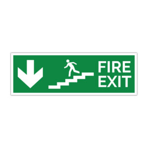 Indicator evacuare Fire Exit cu săgeată în jos și simbol scări