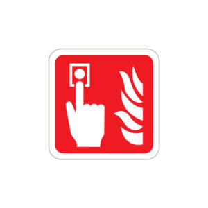 Indicator PSI buton alarmare incendiu cu simbol mână și flacără pe fundal roșu