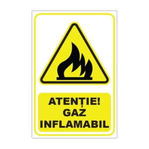 Indicator de avertizare Atenție Gaz inflamabil cu simbol flacără pe fundal galben