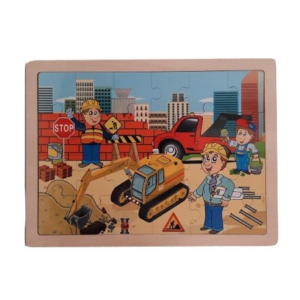 Puzzle din lemn multicolor reprezentând un excavator pe șantier