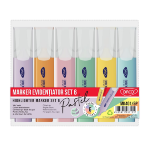 Set de 6 markere evidentiatoare pastel multicolore Daco cu varf tesit si cerneala pe baza de apa