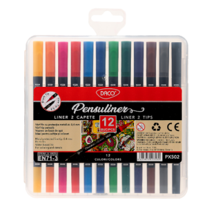 Set de 12 pixuri Pensuliner cu varf fin si pensula, culori multicolore