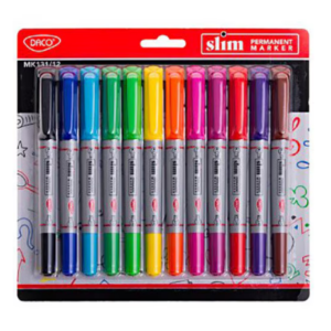 Set de 12 markere permanente slim multicolor cu varf dublu pentru desen si scris