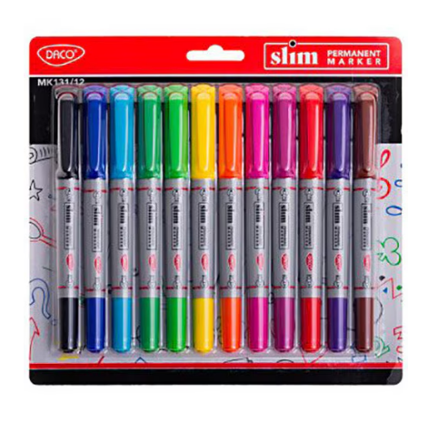 Set de 12 markere permanente slim multicolor cu varf dublu pentru desen si scris