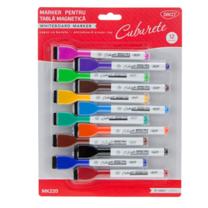 Set de 12 markere colorate pentru tablă magnetică cu burete și capac magnetic
