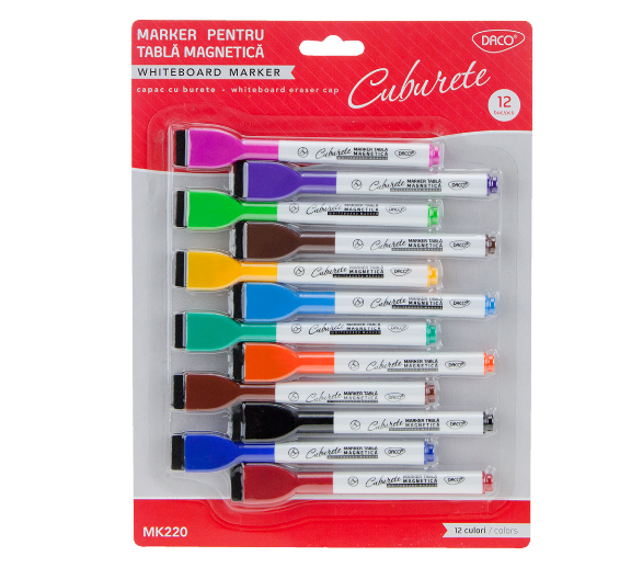 Set de 12 markere colorate pentru tablă magnetică cu burete și capac magnetic