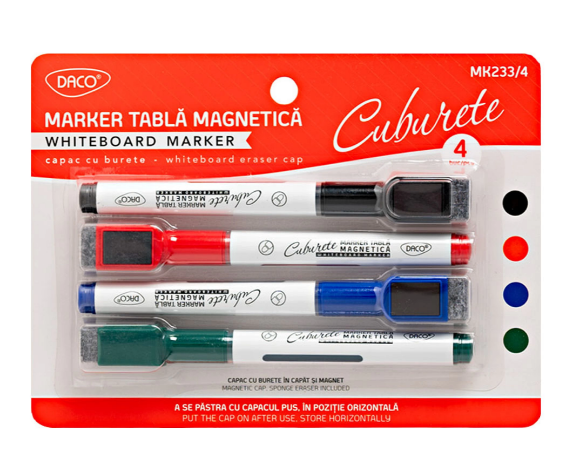Set de 4 markere colorate pentru tabla alba cu burete si magnet pe capac