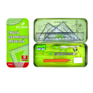 Trusa geometrie metal verde Ecada, set complet pentru școală și birou