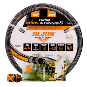 Furtun de gradina gri Ruris lungime 20 metri cu conectori rapizi si adaptor de robinet