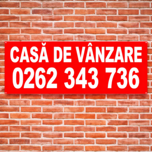 Banner personalizat Casă de vânzare, fundal roșu cu text alb