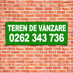 Banner personalizat Teren de Vânzare cu fundal verde, text alb și spațiu pentru număr de telefon