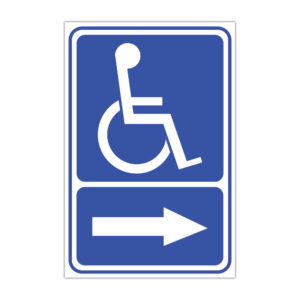 Indicator acces persoane cu dizabilități cu săgeată spre dreapta, fundal albastru