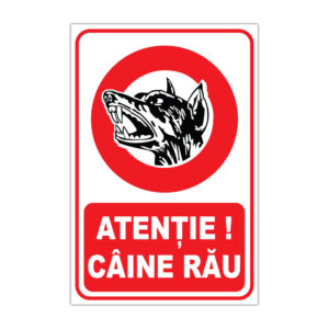 Indicator informare Atenție Câine rău, cu simbol câine și fundal alb-roșu