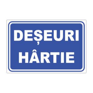 Indicator informare Deșeuri hârtie, fundal albastru cu text alb