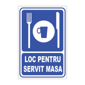 Indicator informare Loc pentru servit masa, albastru, cu simboluri tacâmuri și cană