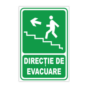 Indicator Direcție de evacuare cu săgeată spre stânga și coborâre pe scară