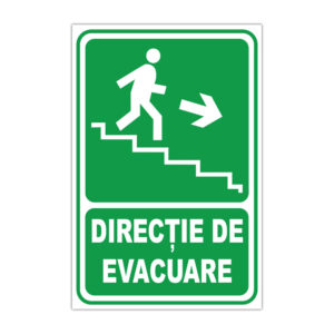 Indicator verde Direcție de evacuare cu săgeată spre dreapta și simbol scară