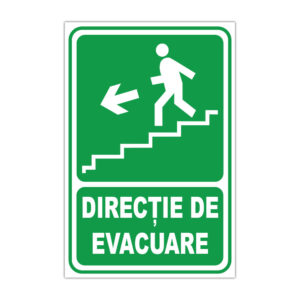 Indicator direcție de evacuare stânga pe scări, fundal verde