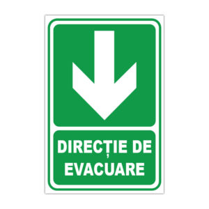Indicator direcție de evacuare cu săgeată în jos, semnalistică verde de informare