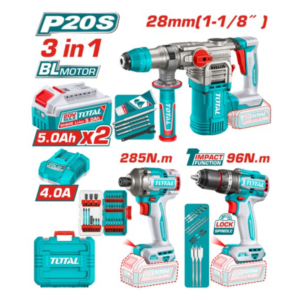 Set de scule fără fir Total, 20 V, 2 acumulatori 5 Ah, 31 bucăți, accesorii incluși